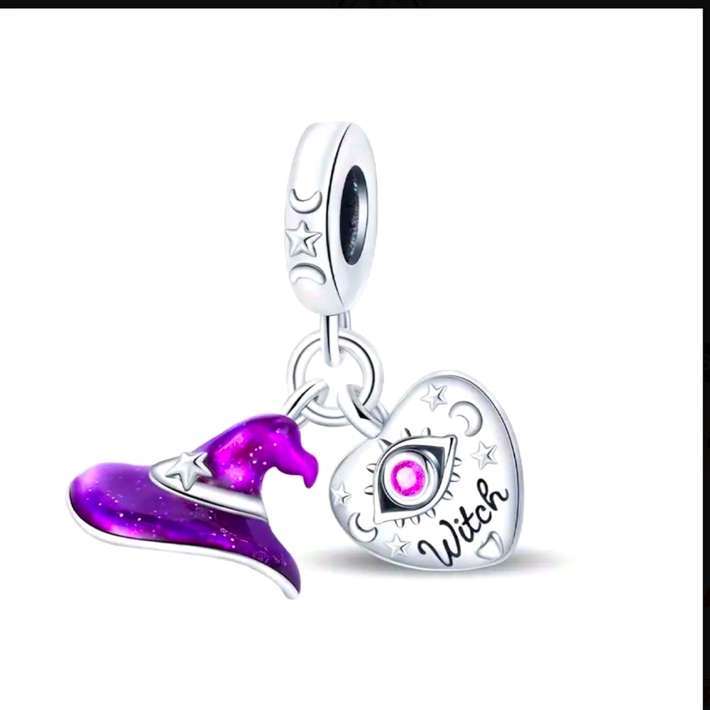 Sterling Silver Witch Hat & Heart Halloween Dangle Charm